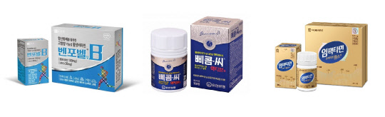 종근당 벤포벨(왼쪽부터), 유한양행 삐콤씨 액티브, 대웅제약 임팩타민. 각사 제공.